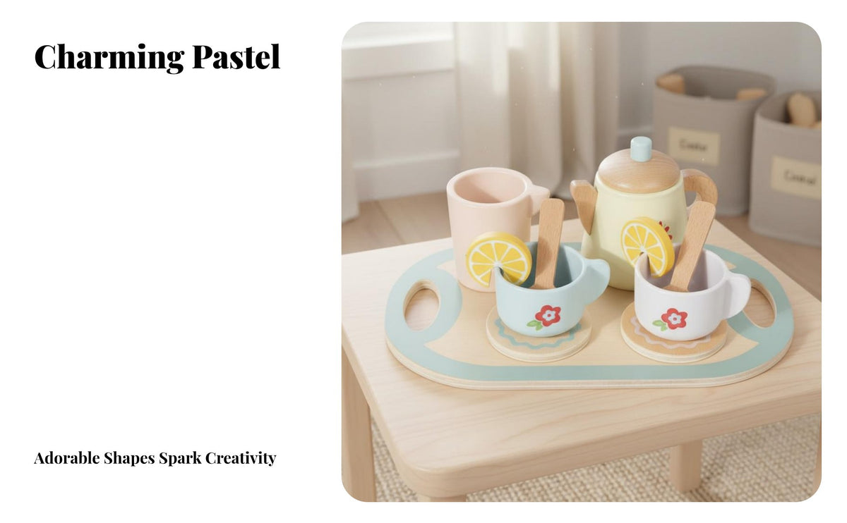 Role Playing Wooden Afternoon Tea Set Educational Afternoon Tea Playset Realistic Design Wooden Cake Playset Paint for Preschoolers, Toddlers, Kindergarten, Birthday Party, Playroom
