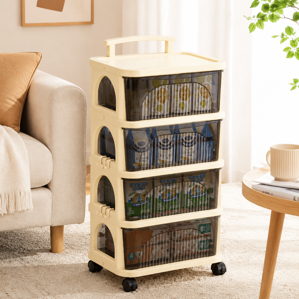 41cm Kitchen Wagon, 4-Tier, Storage with Casters, Gap Storage, Resin with Handle