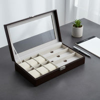 Watch and Glasses Storage Box Soft Cushioned Slots 6 Slot Watch Display Case Clear View Lid PU Leather Jewelry Organizer for Closet