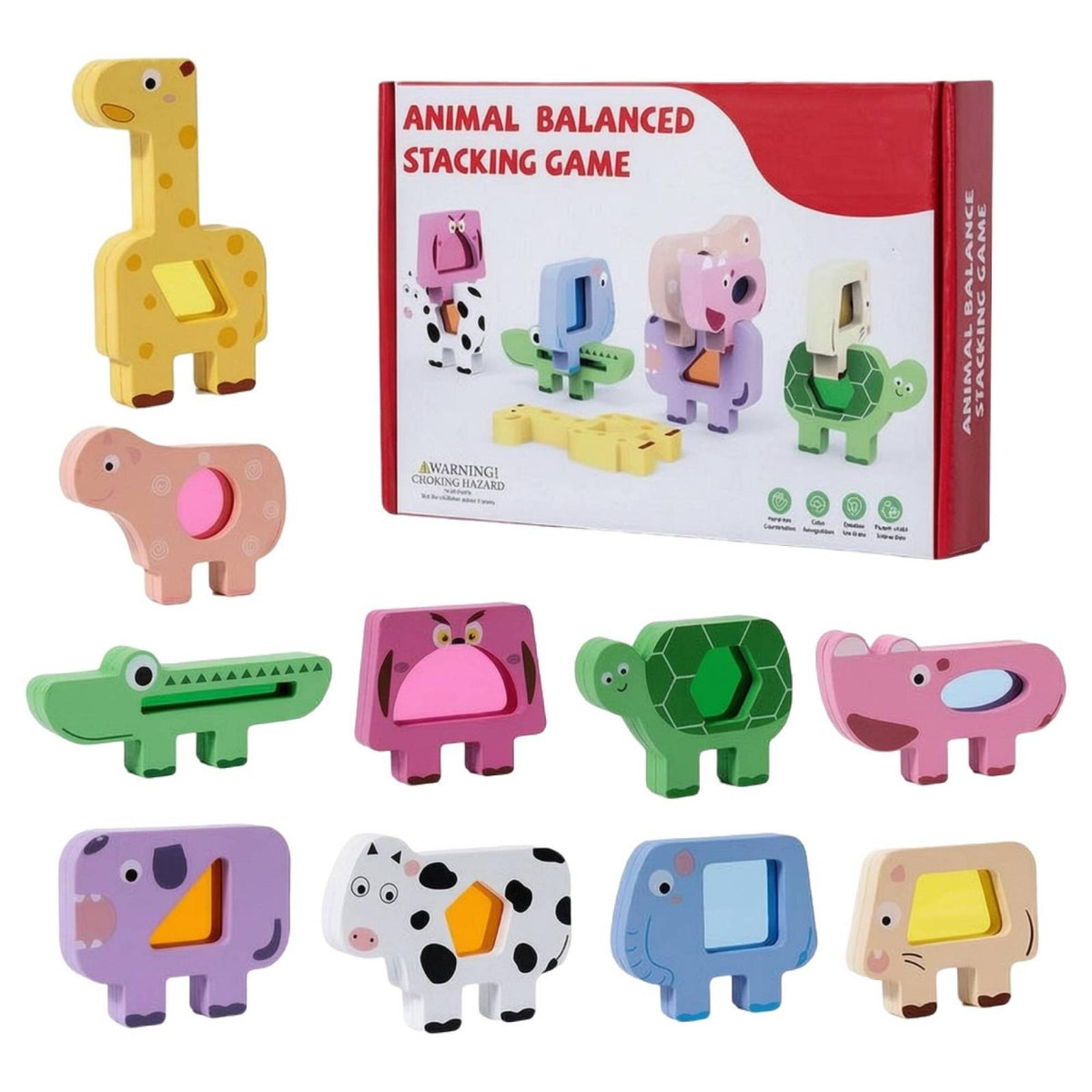 Wooden Animal Stacking Toy Colorful Animal Balancing Blocks Wooden Stacking Block Toy Smooth Learning Game Cutout Openings