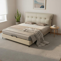 Cream Leather Tufted Bed Light Luxury Style Modern Leather Bed Frame Solid Wood Slat Base Bedroom Furniture for Couples, Small Apartment