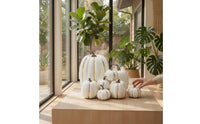 7 Pieces Fake Pumpkins with Gold Stripes Autumn Artificial Pumpkin Arrangement Seasonal Decorative Pumpkins for Party Hosts