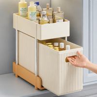 Under Sink Storage Drawers, 2 Tier Retractable Cupboard Organiser, Pull Out Drawers for Kitchen & Bathroom, Beige