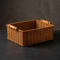 Basket with Wooden Handles Rectangular Woven Tray Rustic Organizer for Countertop, Picnic