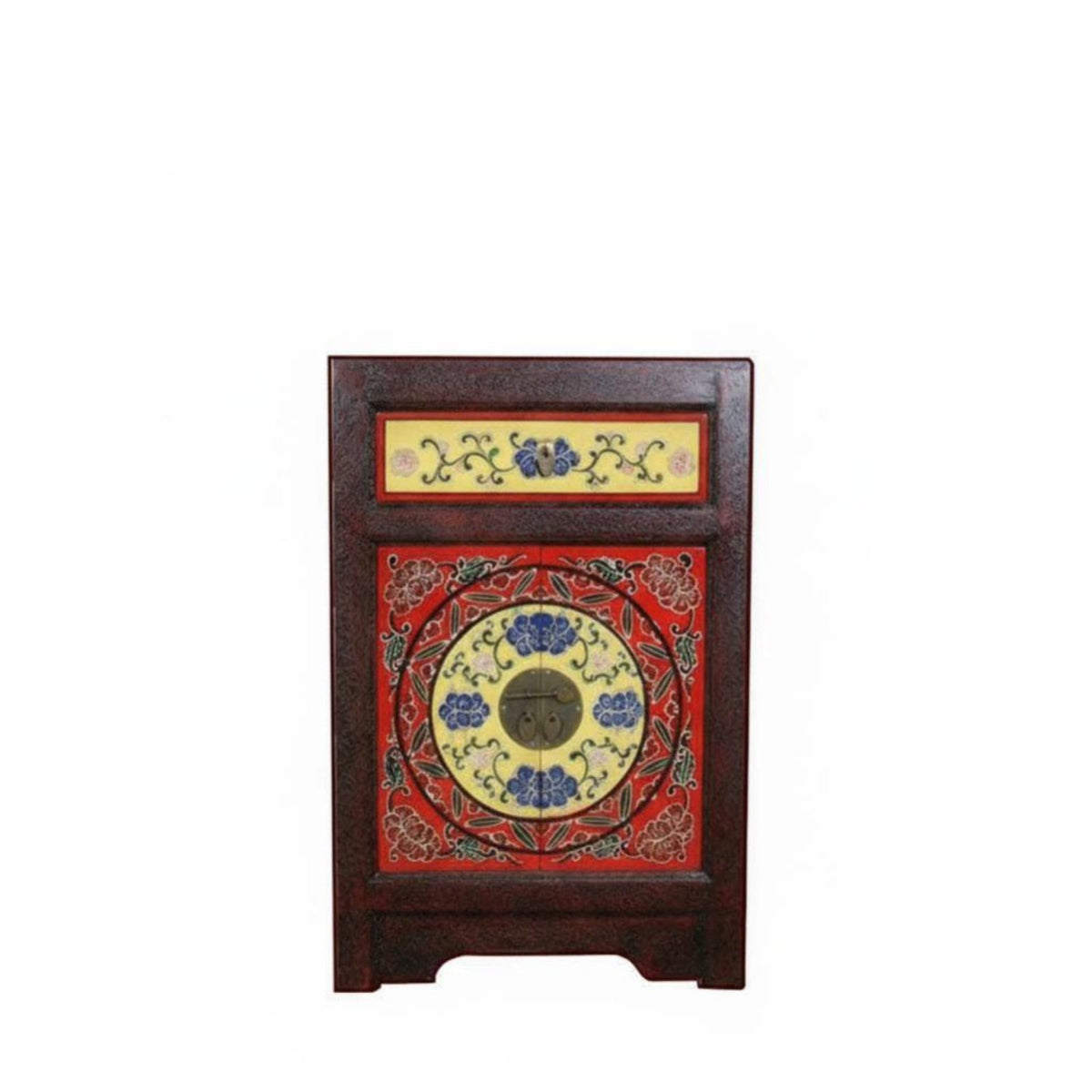Chinese design Painted Oriental Cupboard Distressed Finish Sideboard Floral Design emphasize Cabinet Vintage visual appeal for Antique Collectors, Art Lovers, Interior Designers, Bedroom, Dining Room, Hallway, Entryway
