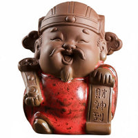 Unique Design Fu Lu Shou Statue Easy to Clean Chinese God of Fortune Figurine Zisha Clay Tea Pet for Collectors, Office Desk, Bookshelf
