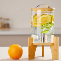 Glass Water Dispenser with Wood Stand, Large Cold Water Dispenser with Stainless Steel Tap, Ice Crackle Pattern Glass Dispenser for Home Bar Use