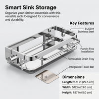 Bathroom Sink and Countertop Organizer for Students, Wall-Mounted No-Drill Stainless Steel Kitchen Shelf with Drainage Tray