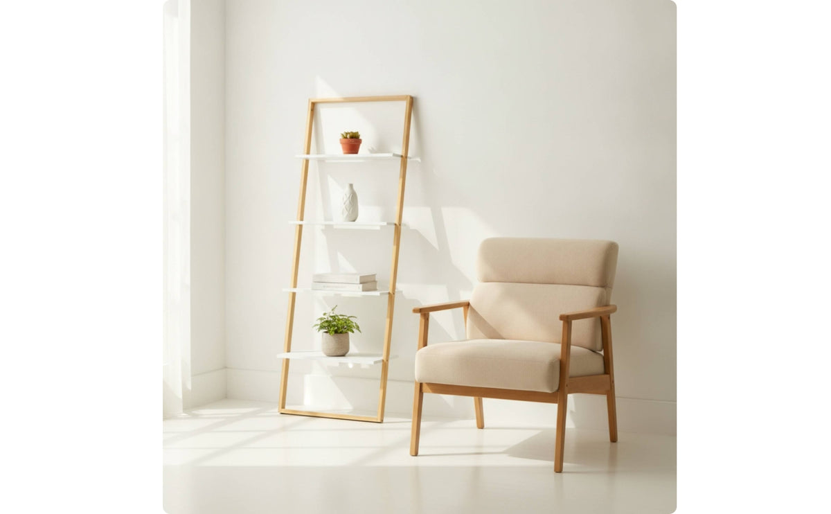 Leaning Ladder Shelf Minimalist Leaning Shelf with Bamboo Frame Space-Saving Bamboo Ladder Bookcase for Living Room, Home Office, Entryway
