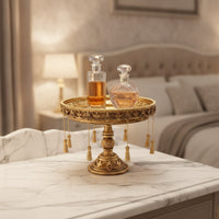 Decorative Pedestal Tray Ornate Tray with Tassels Round Riser for Tabletop, Vanity