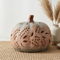 Reactive Glaze Hollow Ceramic Pumpkin Hand-Carved Lighted Pumpkin Ornament Openwork Cutouts Fall Decoration Battery-Powered