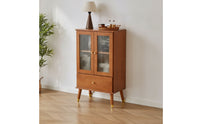 Display Cabinet with Drawer Walnut-Toned Glass-Front Freestanding Cabinet with Glass Doors for Living Room, Apartment