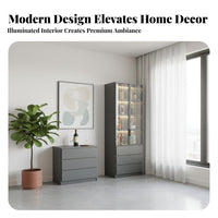Easy to Clean Glass Door Display Cabinet Minimalist Design Tall Glass Door Cabinet LED Lighting Lighted Display Case Multipurpose Use for Homeowners, Book Lovers, Living Room, Bedroom, Home Office, Entryway