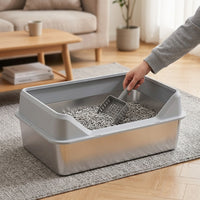 Stainless Steel Cat Waste Receptacle, Top-Entry Cat Toilet with High Fence, Enclosed Litter Tray with Step, Easy Cleaning Metal Litter Pan