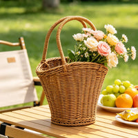 Flower Basket with Bow Natural Gift Basket with Handle Rustic Elegant for Florists, Weddings, Picnics