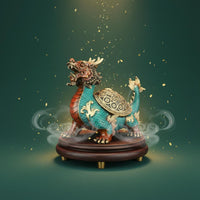 Good Luck Charm Copper Dragon Turtle Figurine Housewarming Gift Feng Shui Dragon Tortoise Hand-Cast Chinese Wealth Turtle Sculpture Lost-Modeling Casting for Business Owners, Collectors, Office, Desk, Study Room