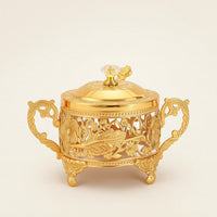 Ornate Condiment Jar with Spoon Gold-Tone Sugar Bowl with Lid Vintage Glass Condiment Pot with Metal Frame Elegant for Hosts