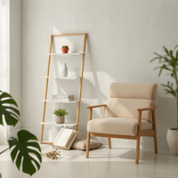 Leaning Ladder Shelf Space-Saving Leaning Shelf with Bamboo Frame Bamboo Ladder Bookcase Slim Furniture Vertical for Living Room