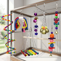 Parrot Toy Set with Bird Cage Perch, Swing and Ladder, Colorful Wood Gnaw Blocks for Fun Enrichment, Hanging Decor for Parakeets Cockatiels