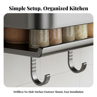 No-Drill Installation Floating Condiment Rack Space-Saving Kitchen Organizer With Hanging Hooks Wall Shelf Multifunctional for Home Cooks, Homeowners, Students, Pantry, Bathroom