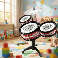 White Drumheads Kids Floor Drum Instrument Red Drums Standing Toy Drum Set Black Stand Star Print for Children