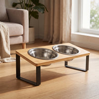 Elevated Pet Feeder with Stainless Steel Bowls Compact Bowl Stand with Stainless Steel Bowls Sturdy Double Diner for Young Dogs, Indoor