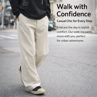 Men's Wide Leg Trousers with Drawstring Elastic Waist for Casual Everyday Wear, Baggy Straight Pants in Polyester Blend Material