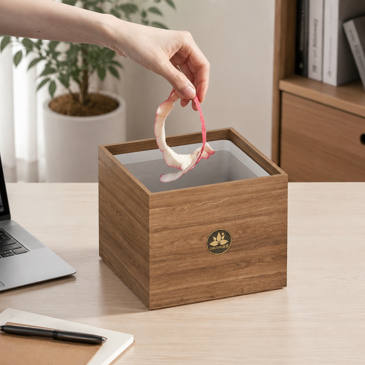 Desk Trash Can, Wooden, Walnut, Small, For Desk, For Stylish Study Room
