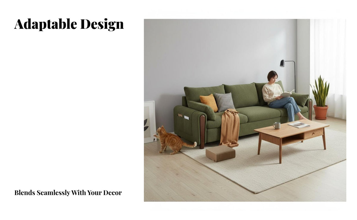 Minimalist Wooden Frame Sofa Removable and cleanable Cover Couch Nordic Aesthetic Living Room Seating for Pet Owners, Renters, Apartment, Lounge Area