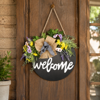 Wooden Welcome Sign, Entryway, Stylish Sign Plate, 30cm Round, Floral Pattern