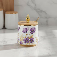 2 Pieces Nordic Design Blue Floral Seasoning Jar Set with Spoon Ceramic Seasoning Jars Elegant Seasoning Container for Kitchen Countertop, Dining Table, Cooking
