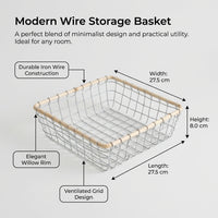 Kitchen Storage Wire Basket with Wicker Edge for Pantry Organizers and Black Metal for Fruits and Vegetables, Square Design