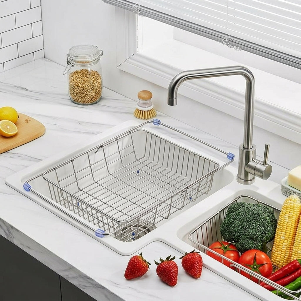 Retractable Drainer Kitchen Sink Drainer and Dish Rack, 201 Stainless Steel Vegetable Washing Basket, Space-Saving Over Sink Style