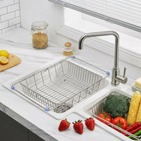 Retractable Drainer Kitchen Sink Drainer and Dish Rack, 201 Stainless Steel Vegetable Washing Basket, Space-Saving Over Sink Style