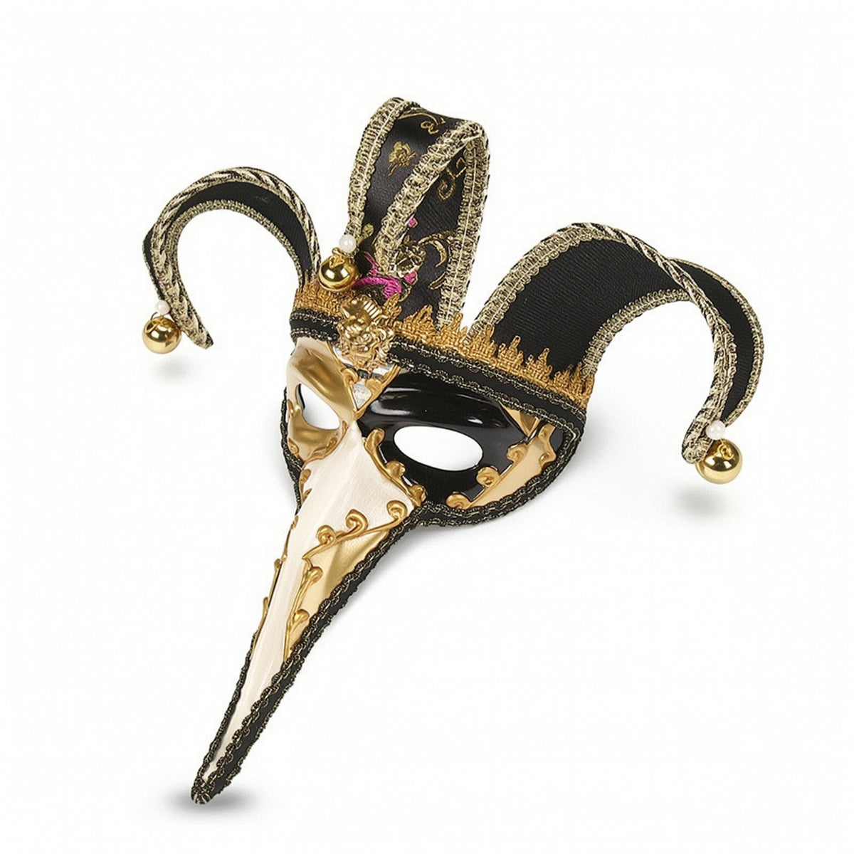 Carnivalesque Fool Face Covering Glittered Mask with Bells Elongated for Theater