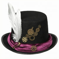 Brass Gear Accents Steampunk Top Hat Feather Plume Felt Top Hat Velvet Band Headwear Vintage-Inspired