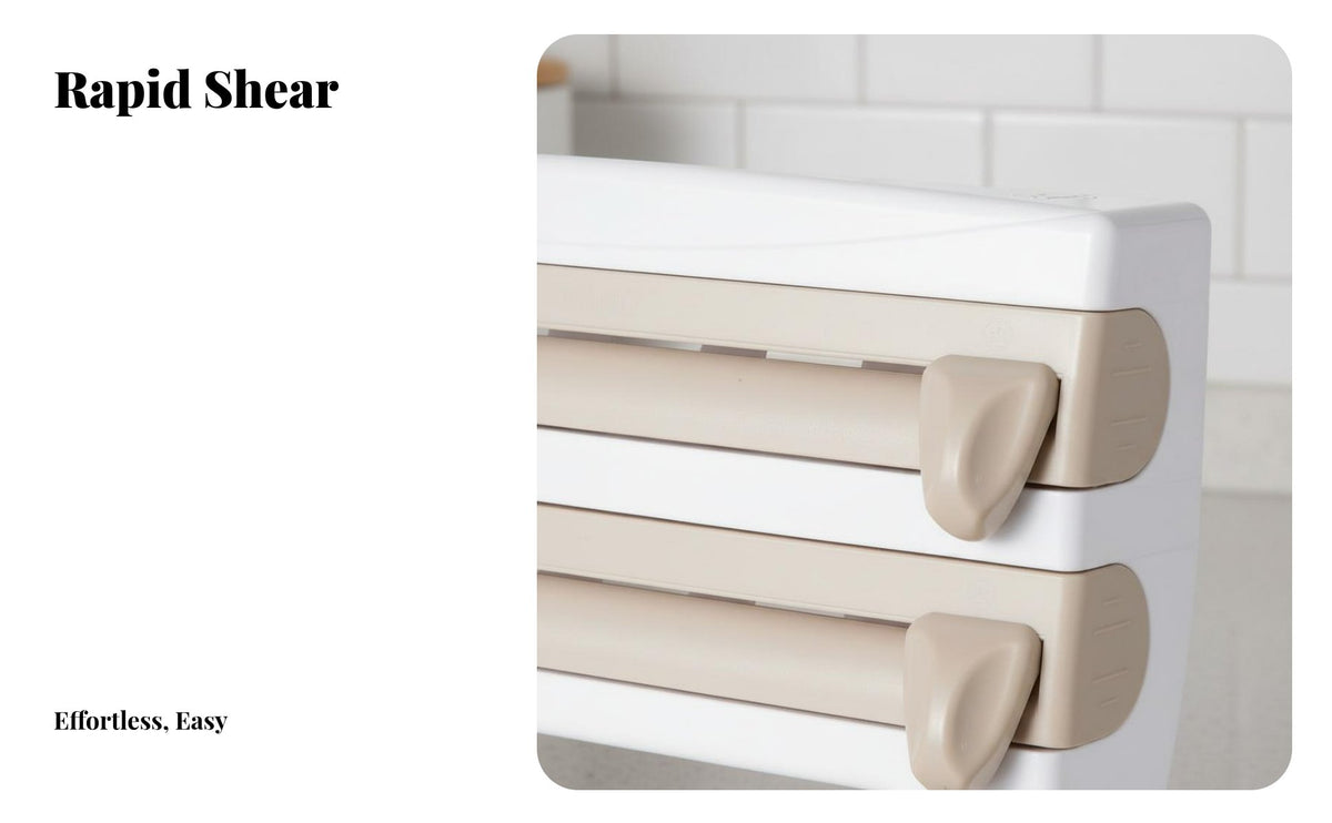 Space-Saving Design Multi-Roll Dispenser with Cutter Easy Assembly 4-in-1 Roll Holder Integrated Seasoning Shelf Kitchen Organizer for Household Chefs, Homeowners, Families, Pantry