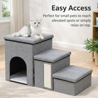 Storage Steps for Bed and Sofa with Foldable Pet Stairs, Integrated Cat House for Small Pets, Textile Construction