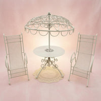 Umbrella Top Top Dollhouse Patio Furniture Mesh Seats Miniature Metal Patio Set Reclining 1:12 Dollhouse Table Chair Set Scrollwork Base
