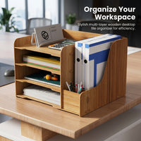 Desk Storage Organizer for Office Supplies, Multi-Tier Wooden File Rack for A4 Documents, Desktop Organiser Letter Tray for Students
