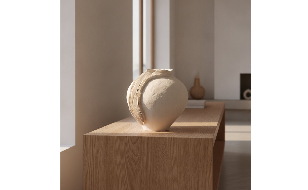 Vase with Petal Relief Handmade Ceramic Vase Decorative Vessel Organic Contemporary for Interior Designers, Tabletop, Shelves