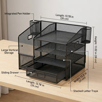 4 Tier Desk Storage with Drawer, Metal Mesh File Organizer for Students, Stackable Desktop Paper Filing Rack for Office Supplies