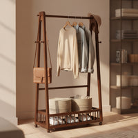 Solid Wood Garment Rack with Shelf Freestanding Clothing Rack with Wheels Mobile Portable for Bedroom, Entryway, Small Apartment