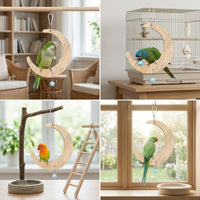 Parrot Swing and Parrot Perch with Large Moon Swing, Large Flower Mirror Cage Toy, Fir Wood Bird Swing and Wooden Perch for Small Pet Birds