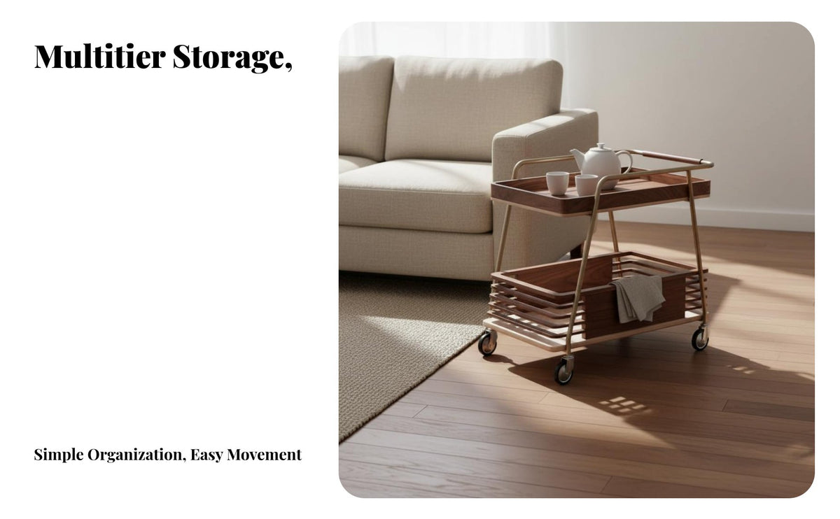 Multi-Functional 2-Tier Wheeled Table Versatile Functionality 2-Tier Slatted Bar Trolley Sturdy Construction Mobile Storage Space-Saving for Apartment Dwellers, Office Workers, Entertainers, Living Room, Bedroom, Kitchen