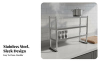 Stainless Steel Kitchen Shelf Punch Multi-Tier Countertop Organizer Easy to Assemble Adjustable Kitchen Counter Shelf for Renters, Pantry, Office