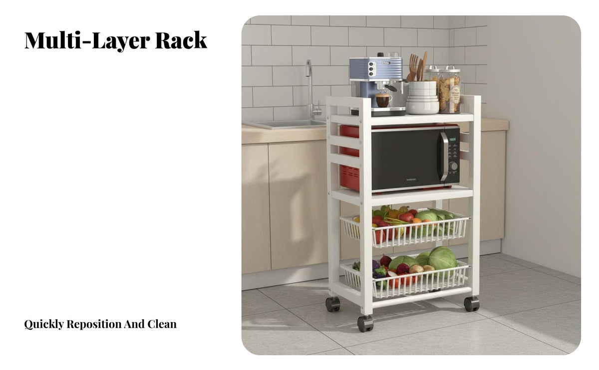 Kitchen Storage Cart with Wheels Space-Saving Design Rolling Kitchen Storage Rack Large Capacity Microwave Stand with Baskets for Balcony, Dining Room