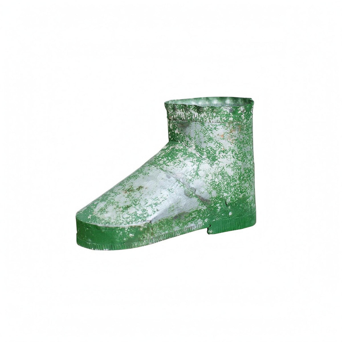 Weathered Shoe Planter Distressed Finish Boot Planter Mottled Green and Gray Vintage Flower Pot Iron
