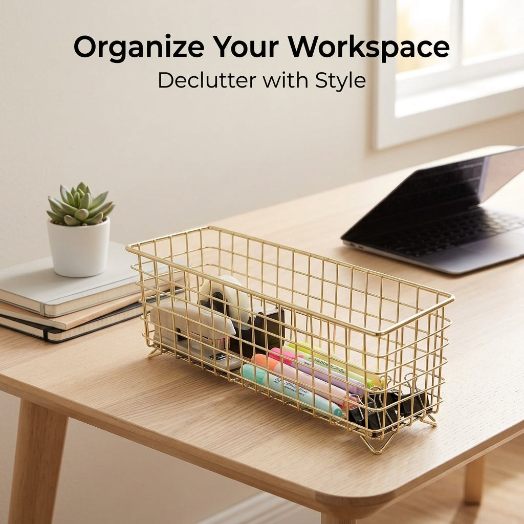 Metal Wire Storage Baskets for Shelves and Office Desk Organisation, Small Mesh with Elevated Design for Cable Management, Multi-Purpose