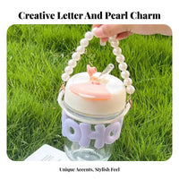 Heat and Cold Resistant Glass Straw Cup with Pearl Handle Aesthetic Design Portable Glass Cup with Letter Sleeve Reusable for Students, Home